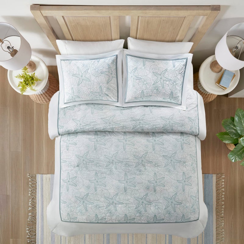 Harbor House غطاء لحاف هاربر هاوس 100% قطن، مزين بأصداف بحرية ونجوم البحر - مجموعة أغطية لحاف خفيفة الوزن، خليج مايا أبيض أزرق كينغ/كال كينغ (106"x90") 3 قطع - Image 4